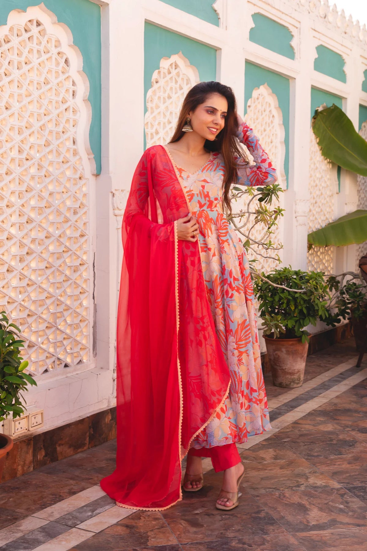 Soft Chiffon Suit with Cotton Bottoms – 3-Piece Side-Zip Set