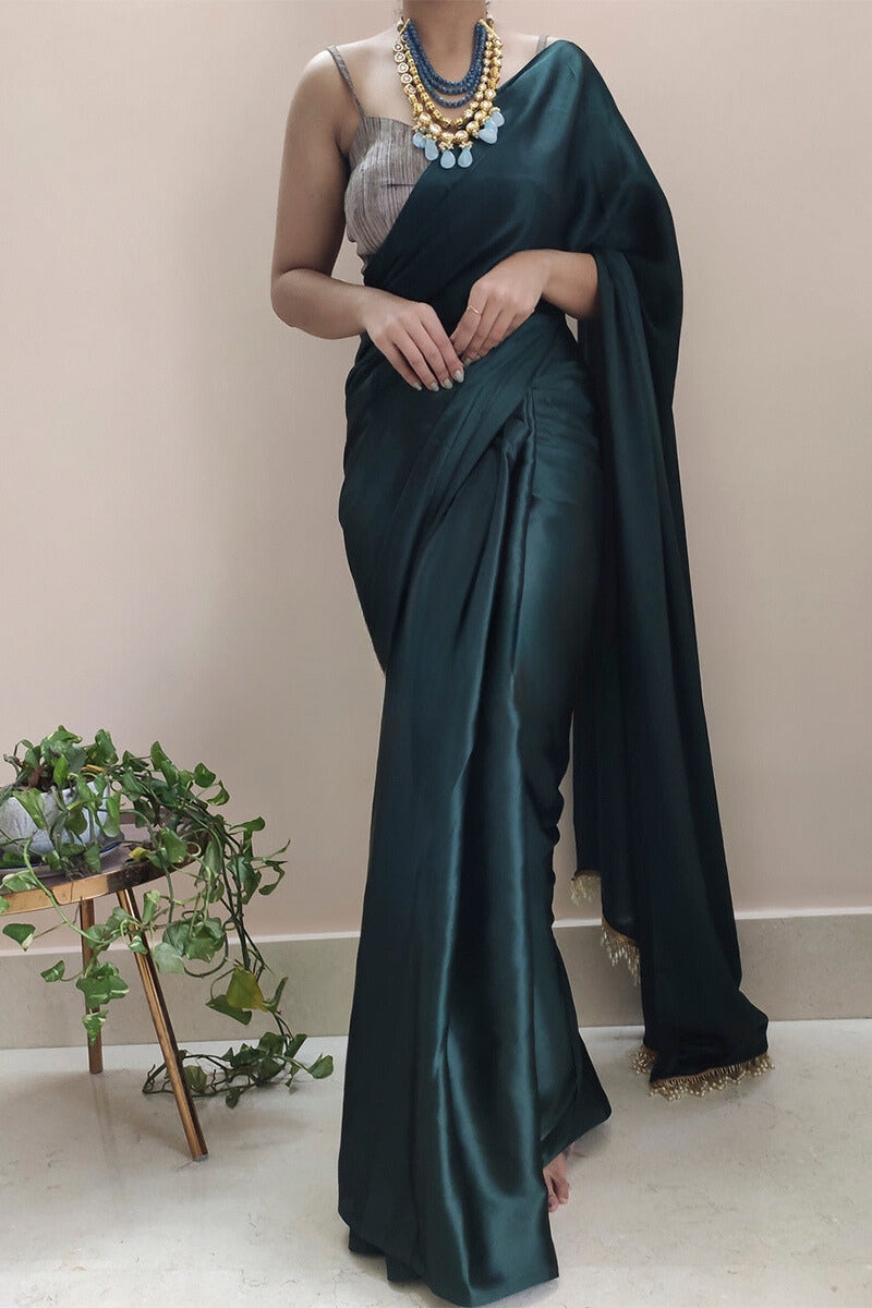 Sophisticated Dark Blackish Green Satin Silk Saree with Grey Blouse