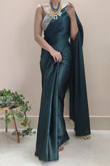 Sophisticated Dark Blackish Green Satin Silk Saree with Grey Blouse