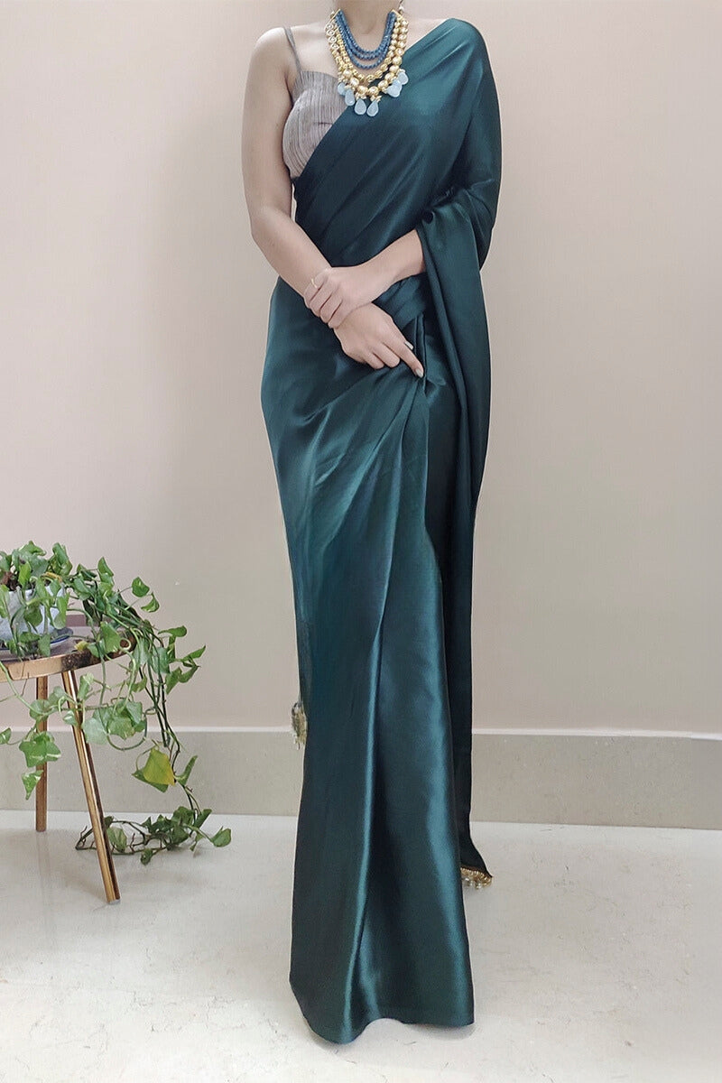Sophisticated Dark Blackish Green Satin Silk Saree with Grey Blouse