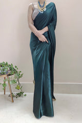 Sophisticated Dark Blackish Green Satin Silk Saree with Grey Blouse