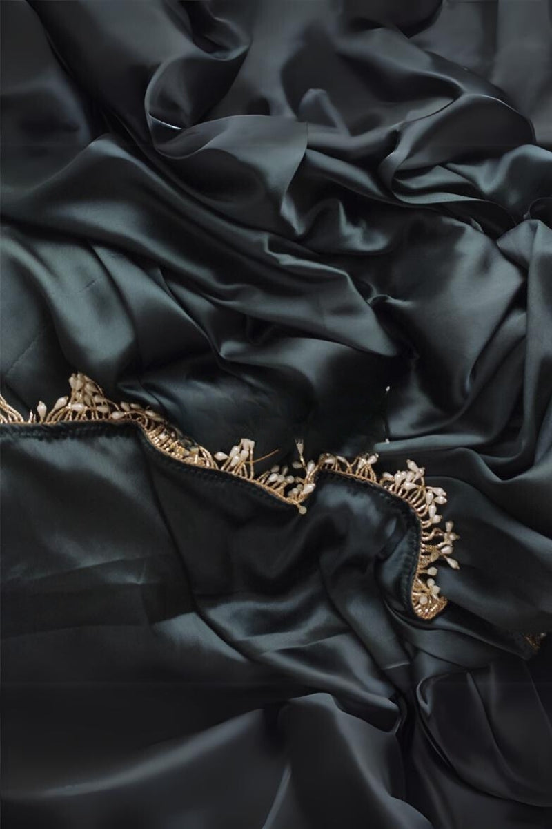 Sophisticated Dark Blackish Green Satin Silk Saree with Grey Blouse