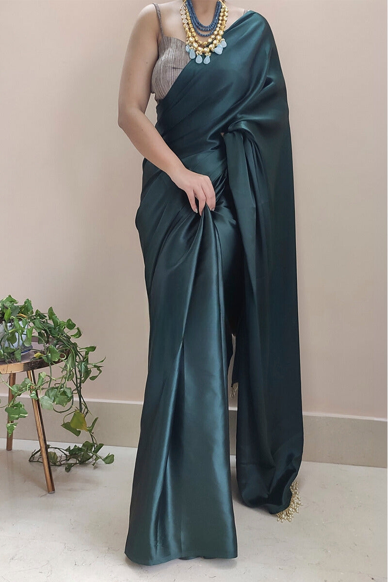 Sophisticated Dark Blackish Green Satin Silk Saree with Grey Blouse