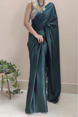 Sophisticated Dark Blackish Green Satin Silk Saree with Grey Blouse
