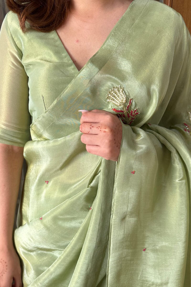 Sophisticated Pista Green Malai Satin Silk Saree with Handwork & Lace Border