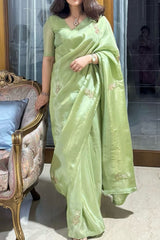 Sophisticated Pista Green Malai Satin Silk Saree with Handwork & Lace Border