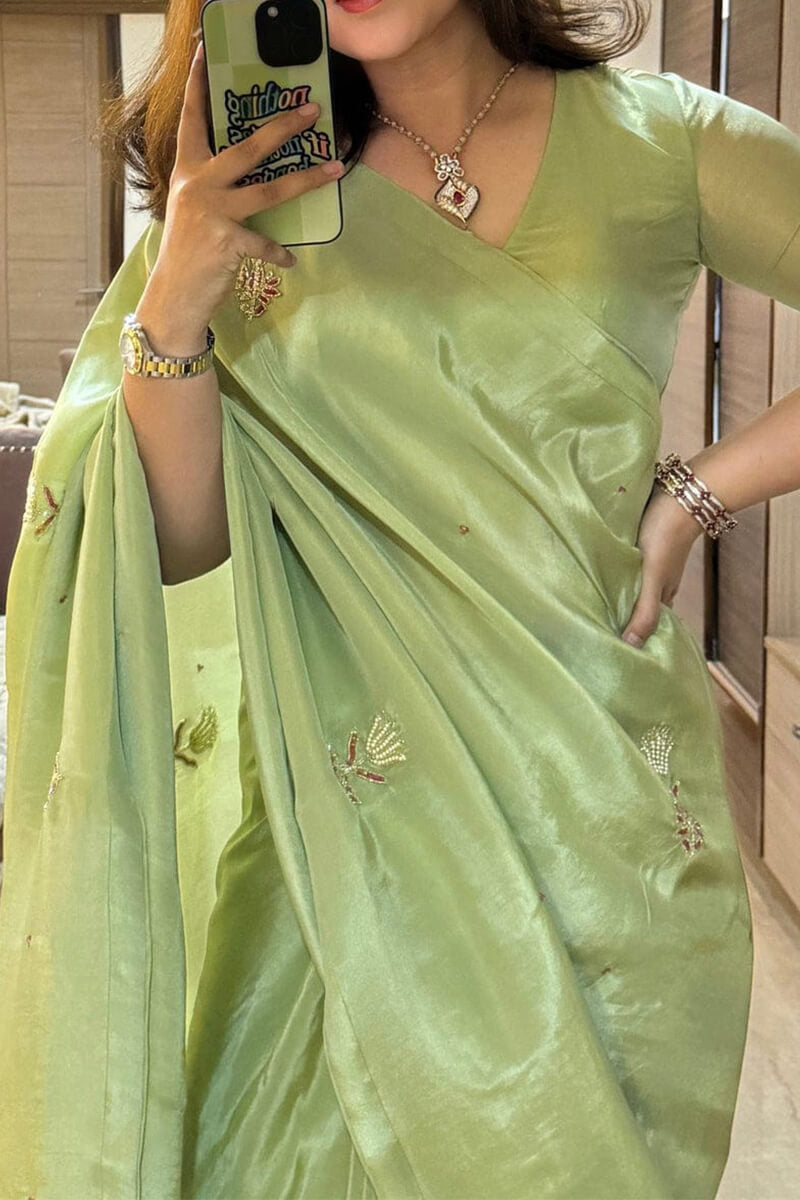 Sophisticated Pista Green Malai Satin Silk Saree with Handwork & Lace Border