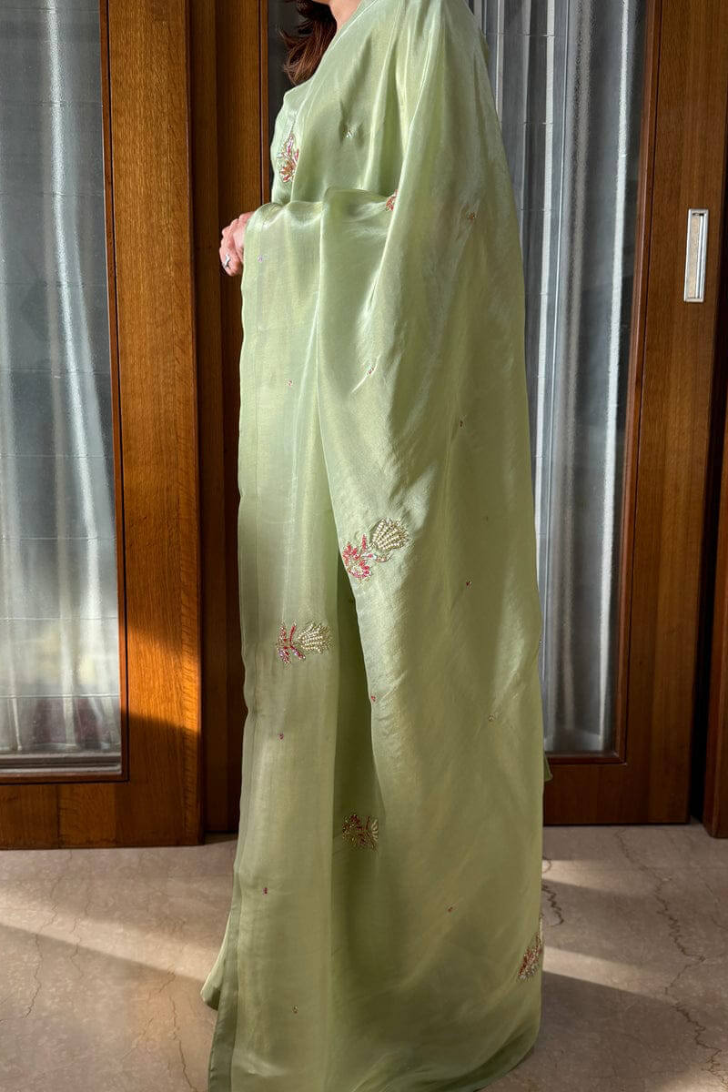 Sophisticated Pista Green Malai Satin Silk Saree with Handwork & Lace Border