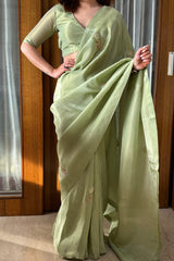 Sophisticated Pista Green Malai Satin Silk Saree with Handwork & Lace Border