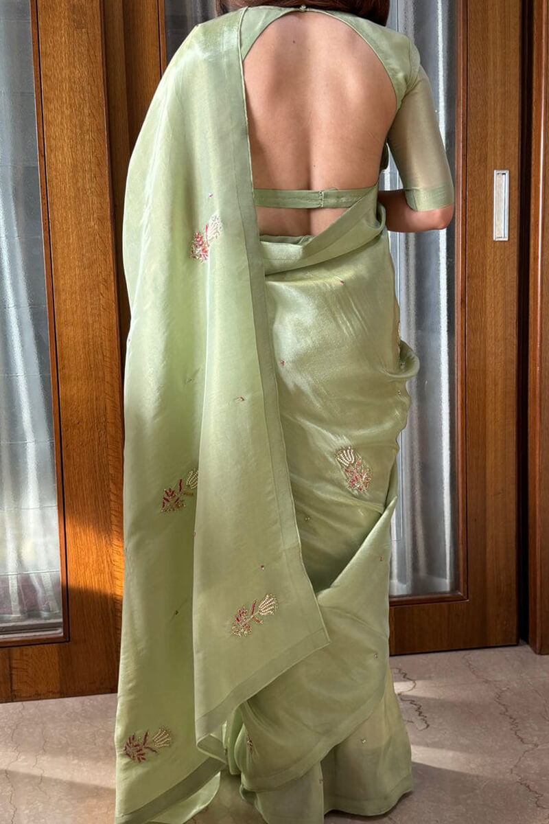 Sophisticated Pista Green Malai Satin Silk Saree with Handwork & Lace Border