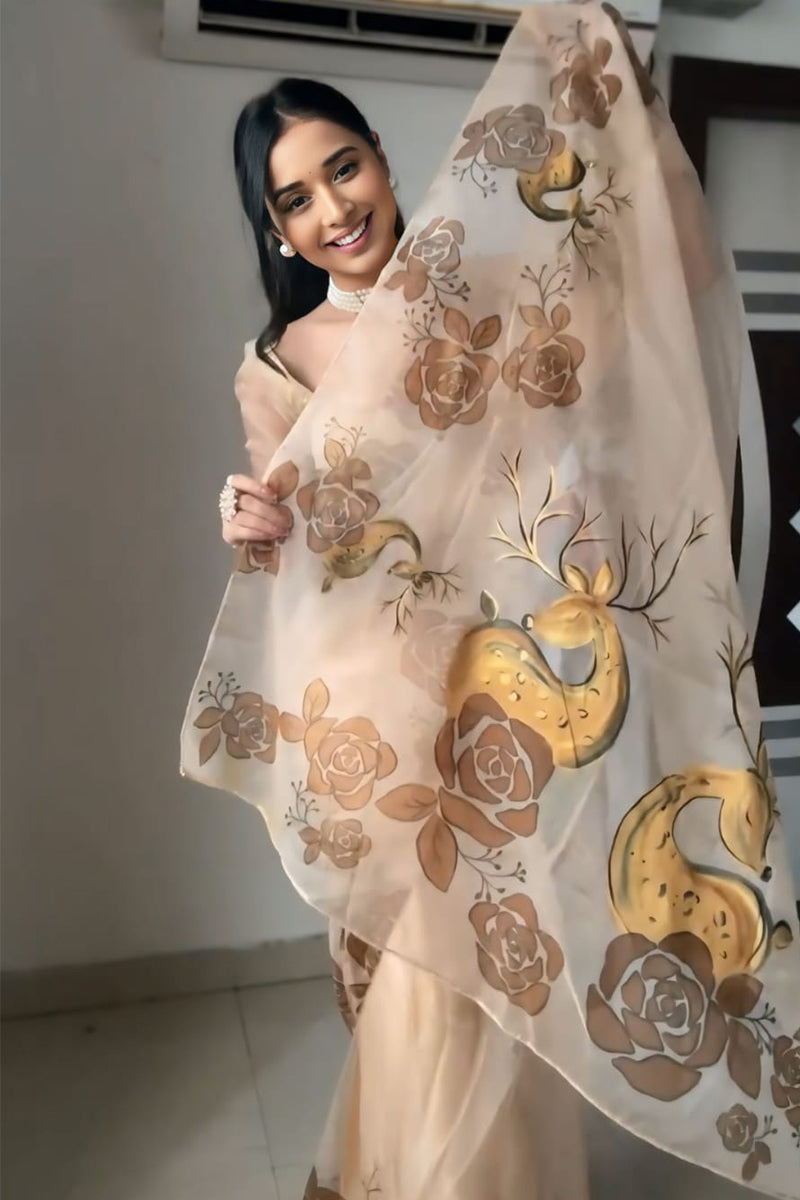 Super Classy Beige Organza Silk Saree with Printed Design