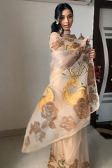 Super Classy Beige Organza Silk Saree with Printed Design