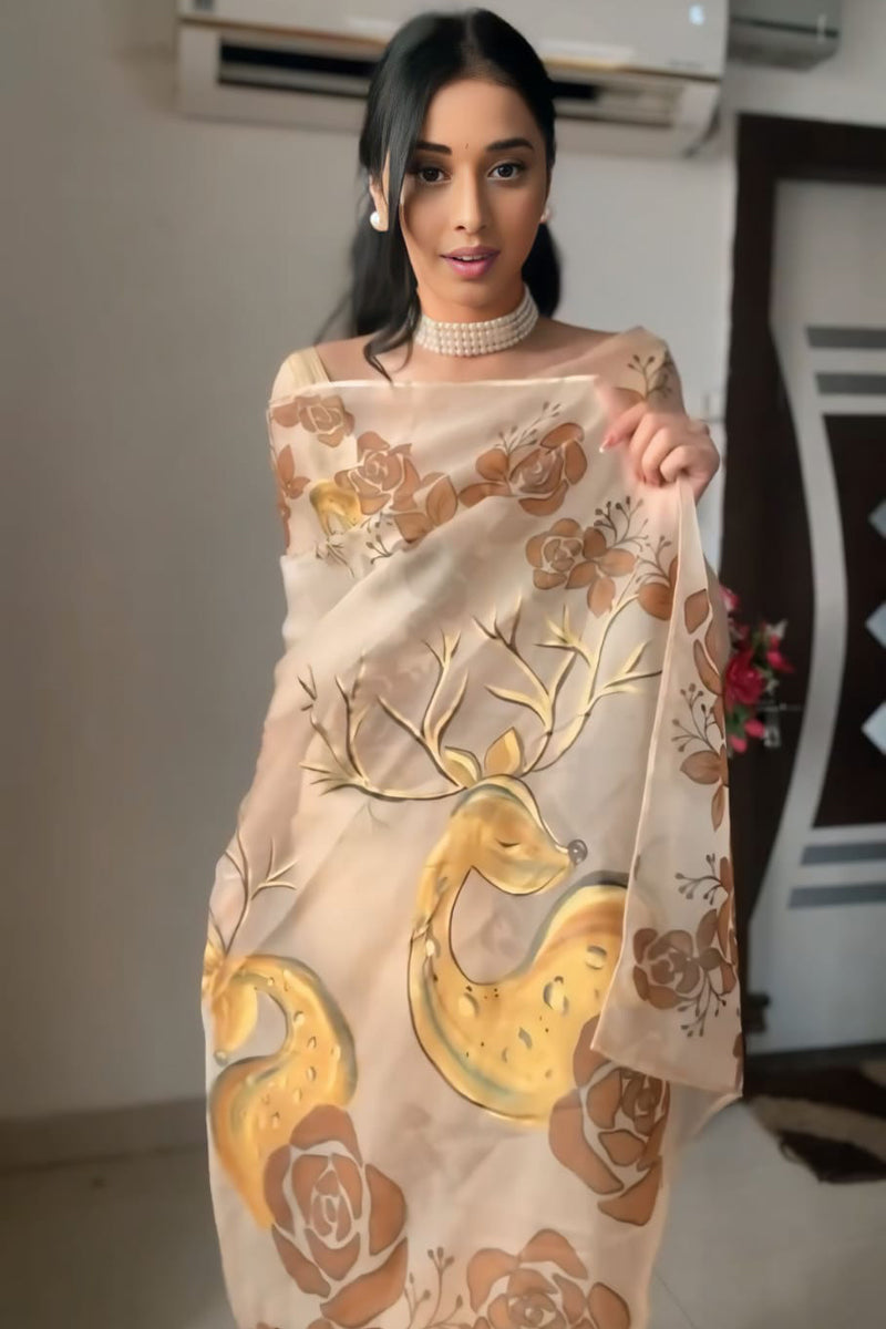 Super Classy Beige Organza Silk Saree with Printed Design