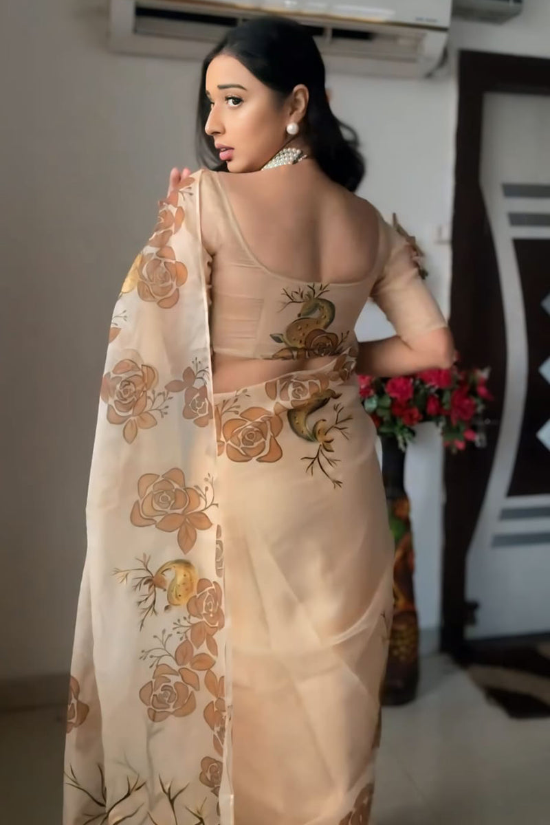 Super Classy Beige Organza Silk Saree with Printed Design