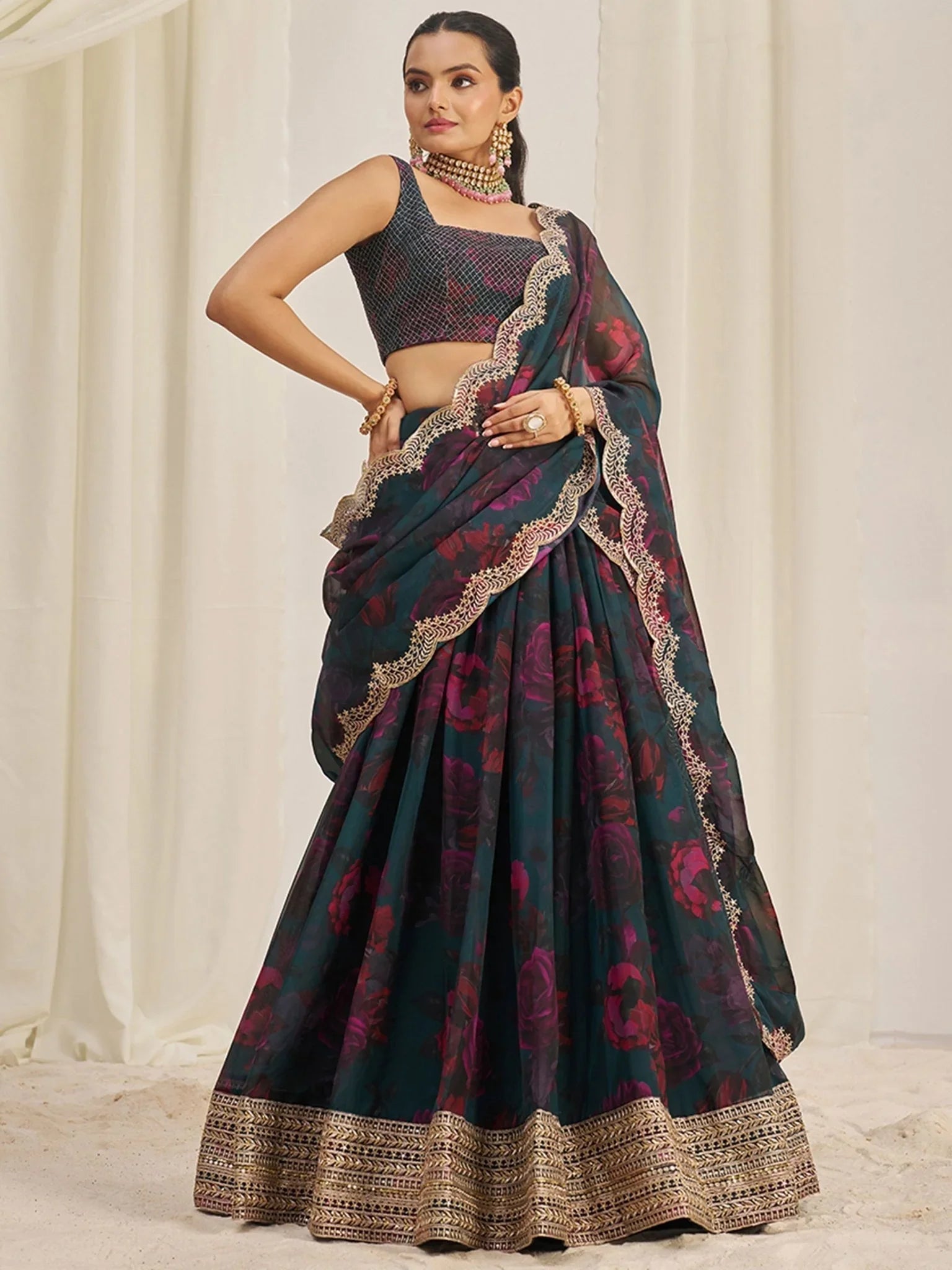Teal Green Organza Lehenga Choli Set – Elegant Zari & Sequins Embroidery