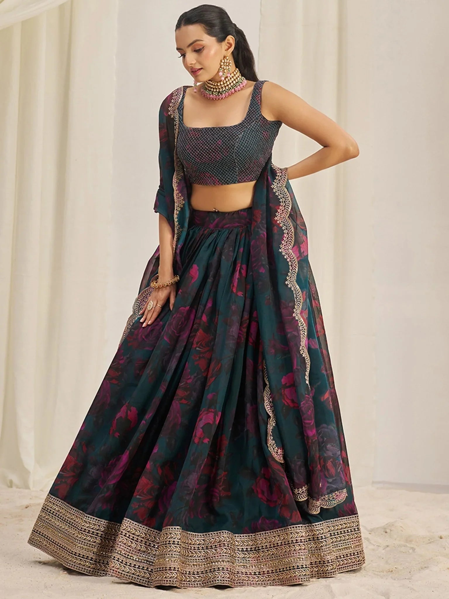 Teal Green Organza Lehenga Choli Set – Elegant Zari & Sequins Embroidery