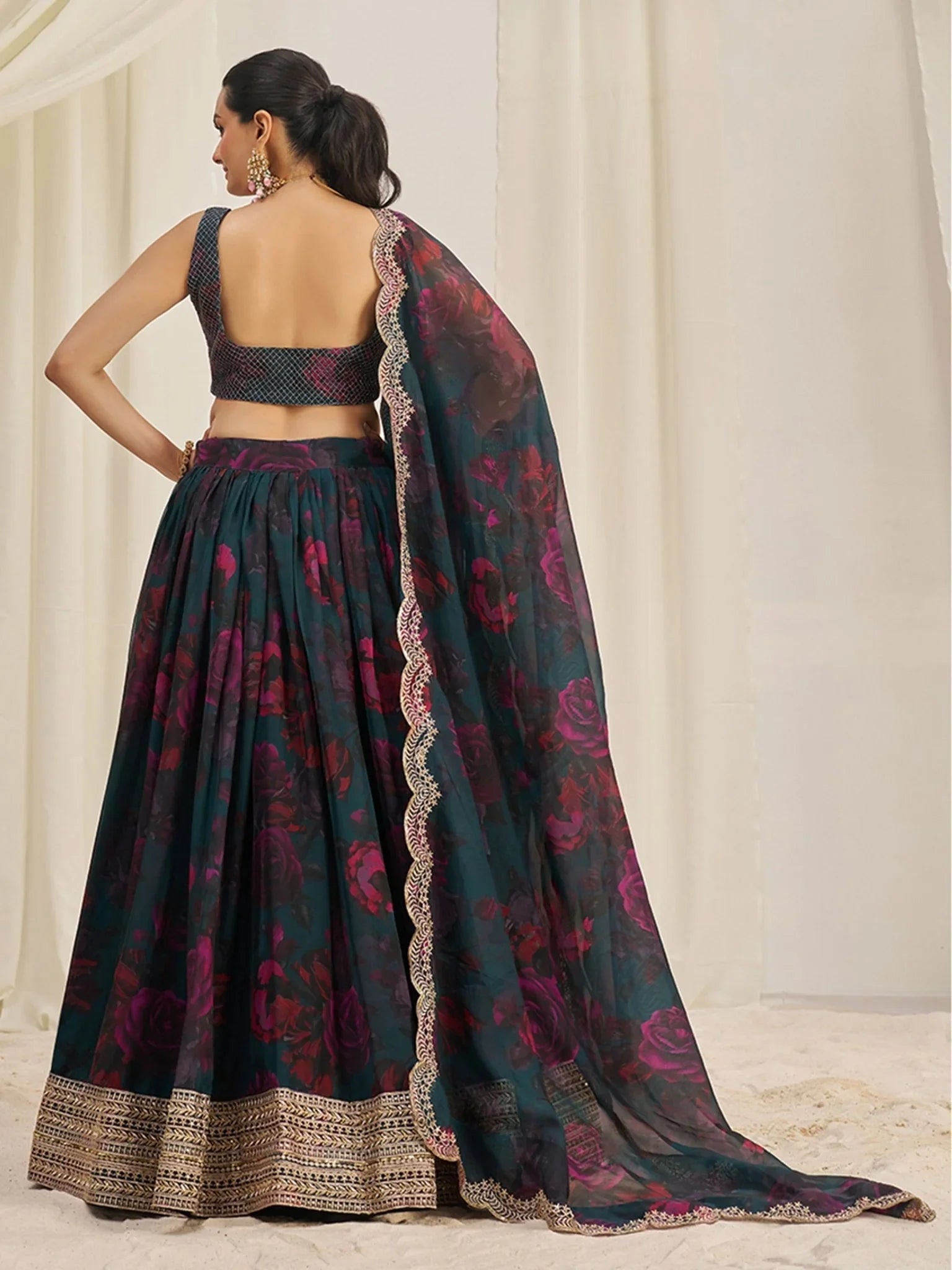 Teal Green Organza Lehenga Choli Set – Elegant Zari & Sequins Embroidery