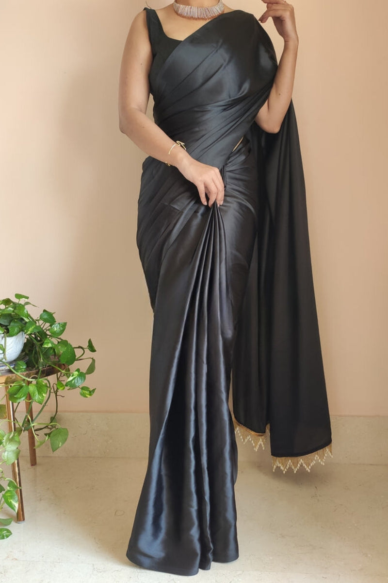 Timeless Black Satin Silk Ready-to-Wear Saree