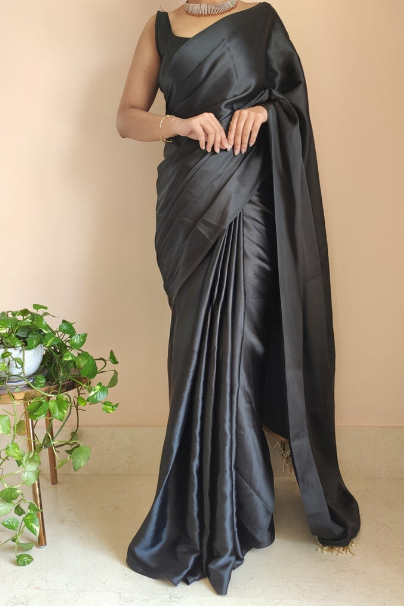 Timeless Black Satin Silk Ready-to-Wear Saree