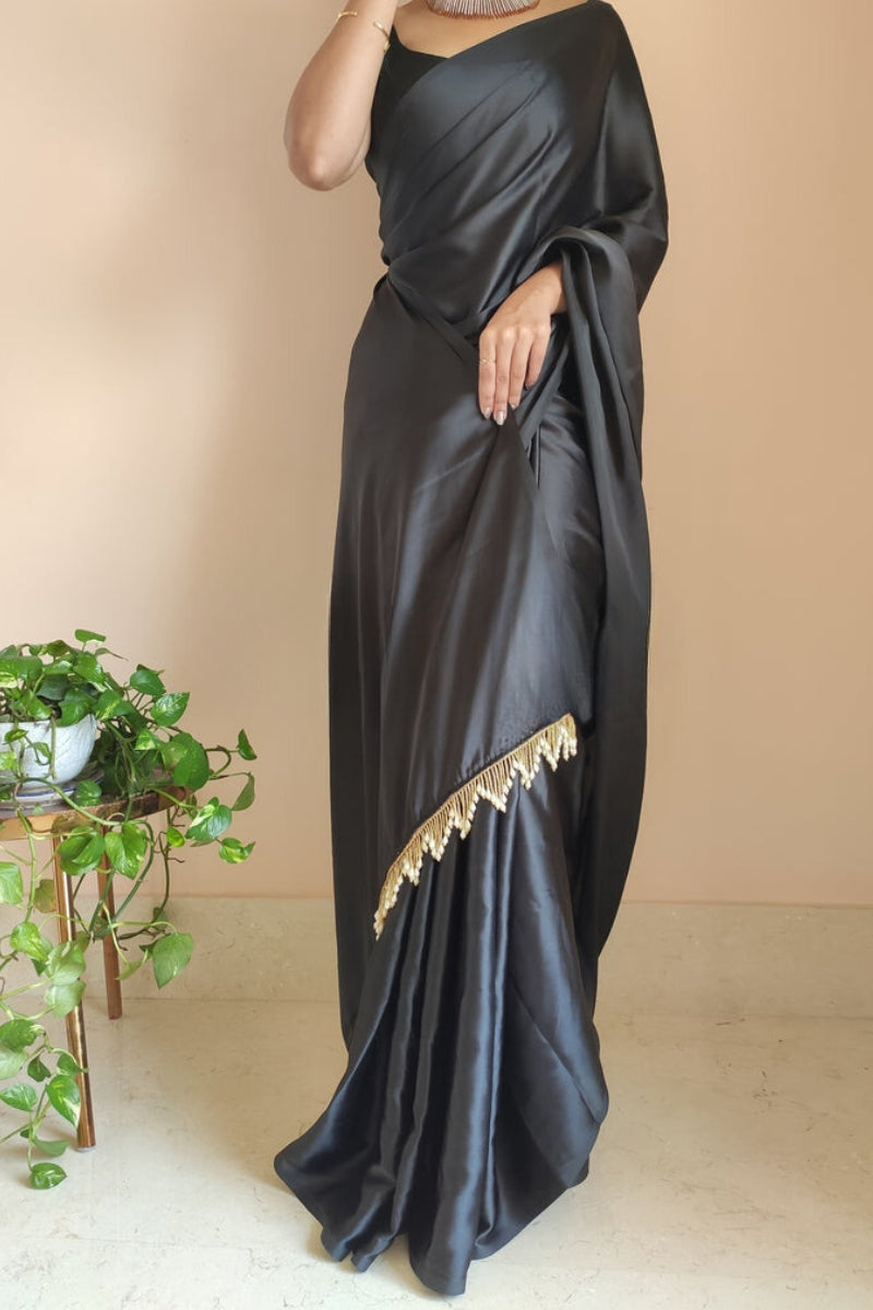 Timeless Black Satin Silk Ready-to-Wear Saree