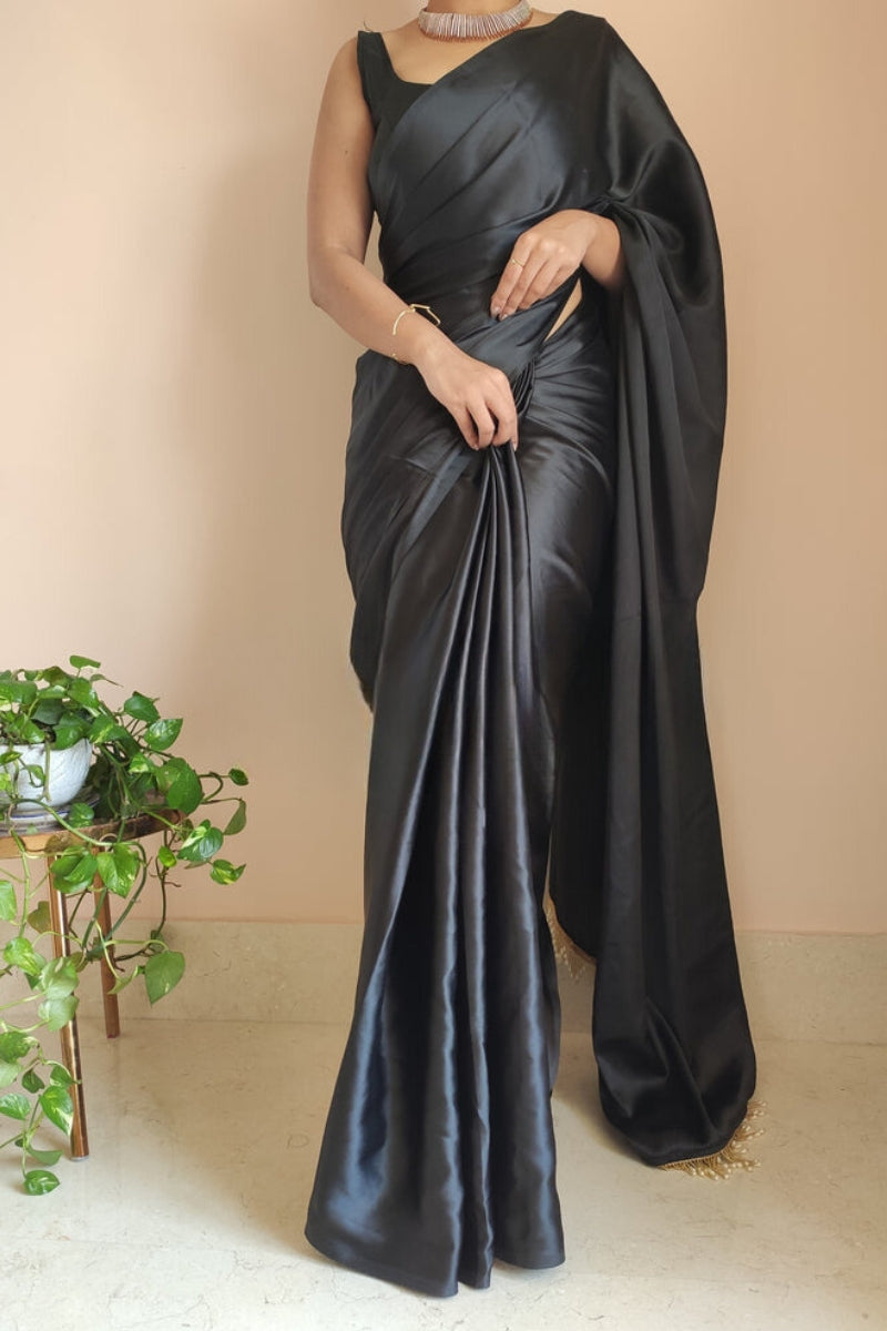 Timeless Black Satin Silk Ready-to-Wear Saree