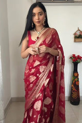 Timeless Red Cotton Silk Saree with Intricate Jacquard Detailing