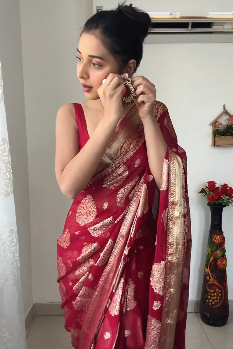 Timeless Red Cotton Silk Saree with Intricate Jacquard Detailing