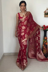 Timeless Red Cotton Silk Saree with Intricate Jacquard Detailing
