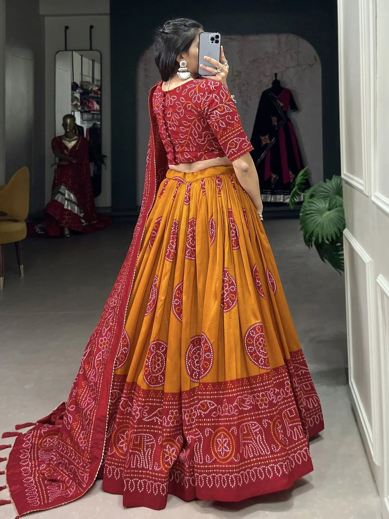 Red & Mustard Tussar Silk Lehenga – Festive & Wedding Wear
