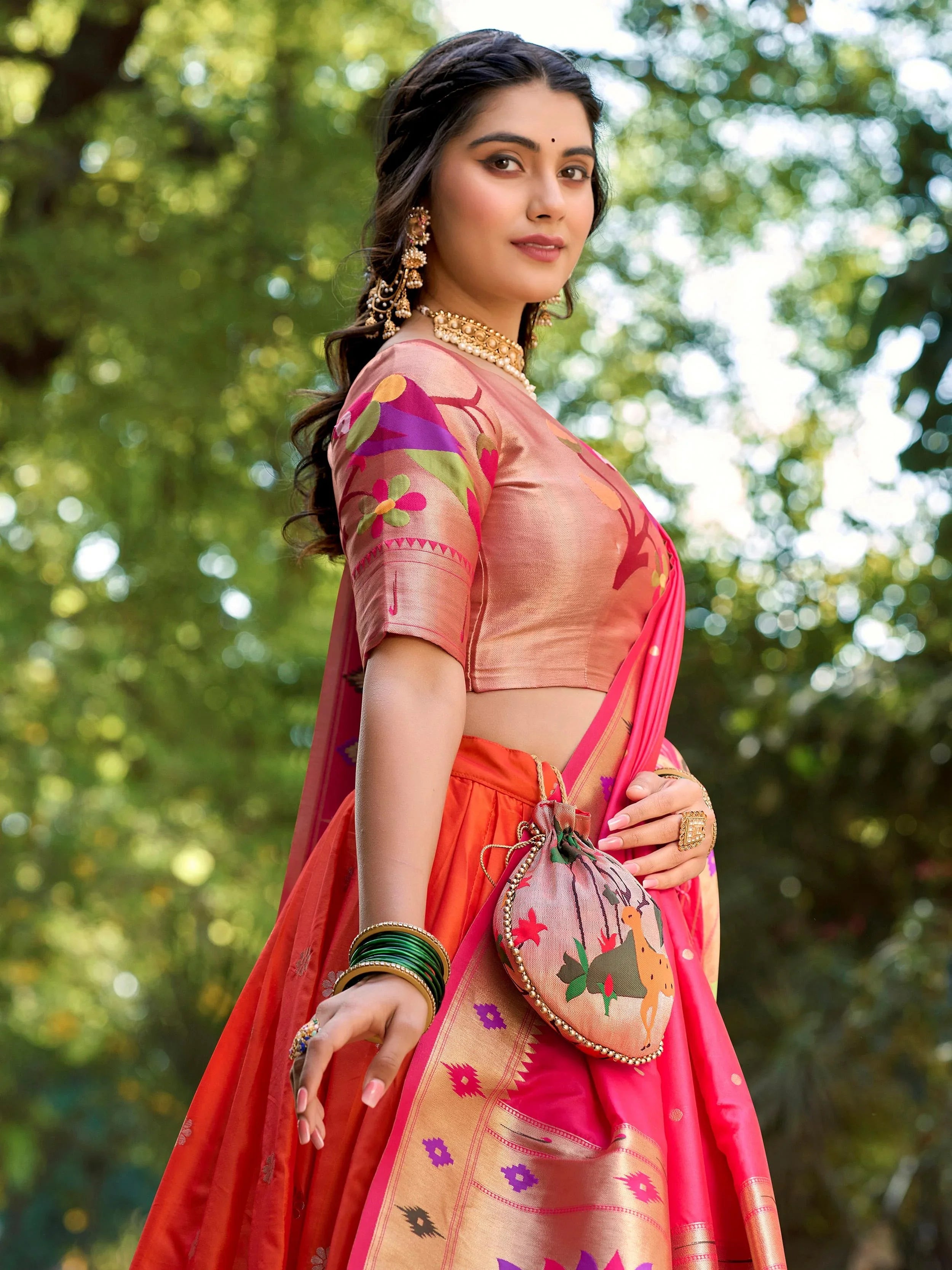 Vibrant Orange Jacquard Silk Zari Weaving Lehenga Choli