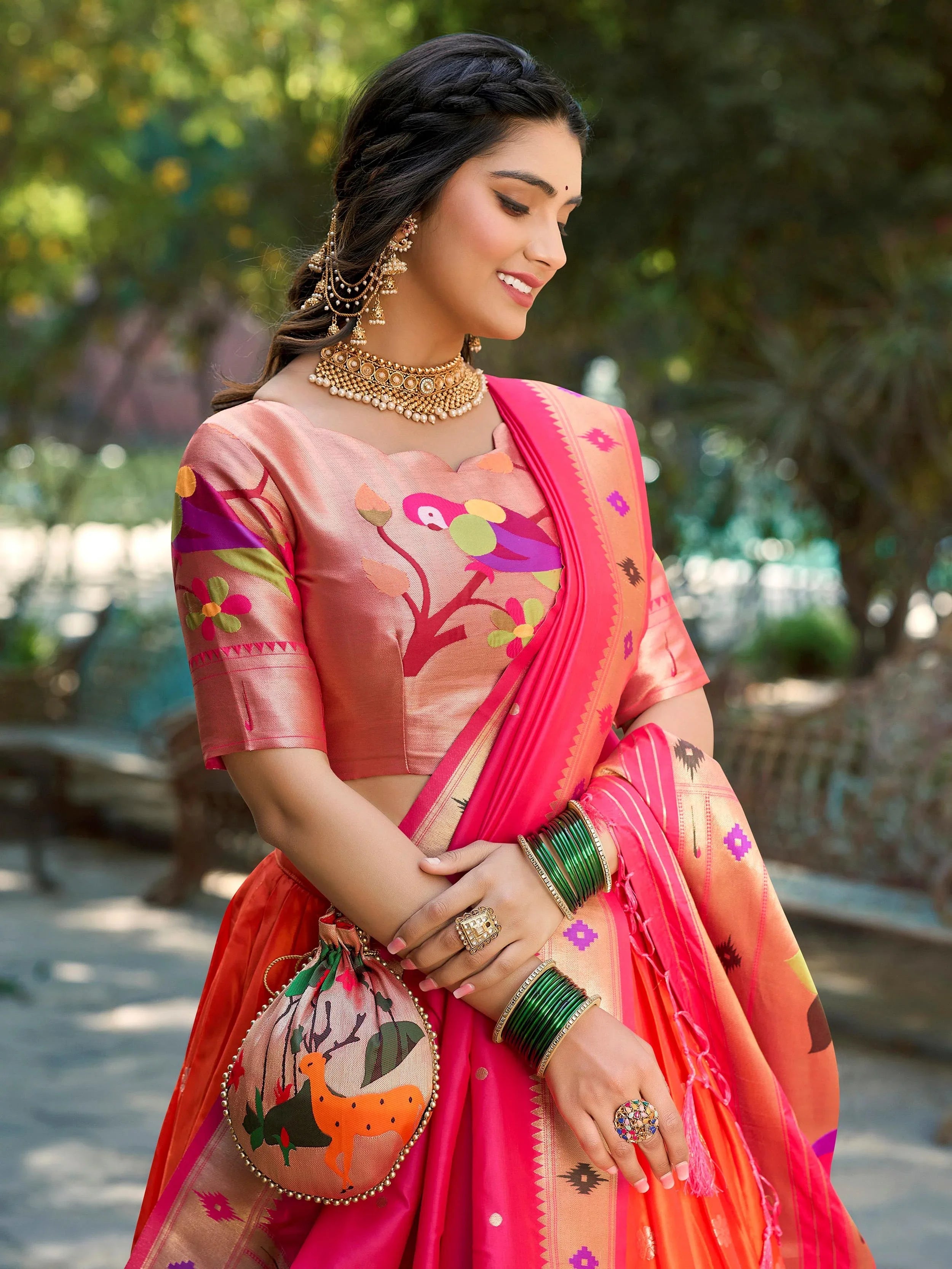 Vibrant Orange Jacquard Silk Zari Weaving Lehenga Choli