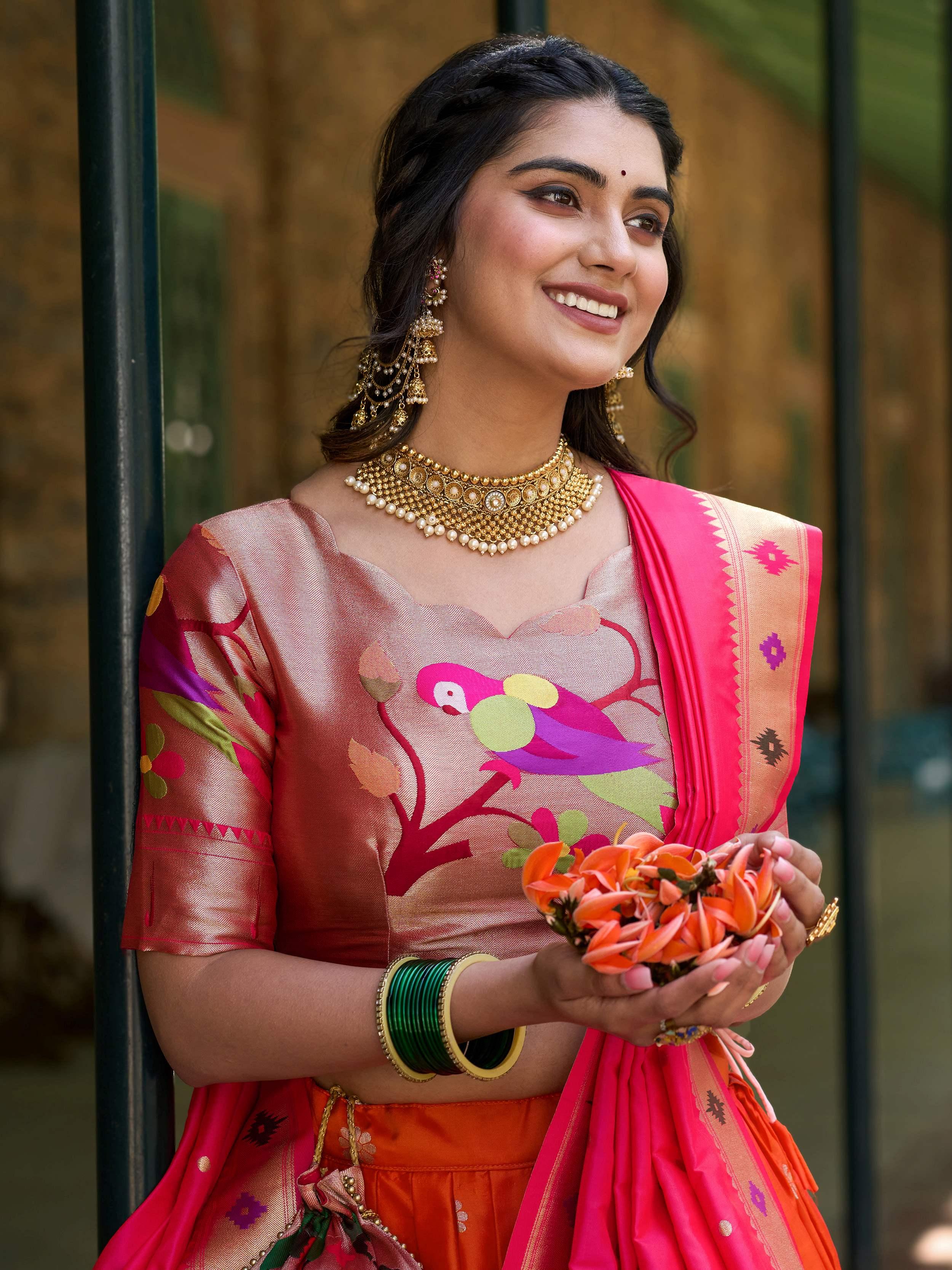 Vibrant Orange Jacquard Silk Zari Weaving Lehenga Choli