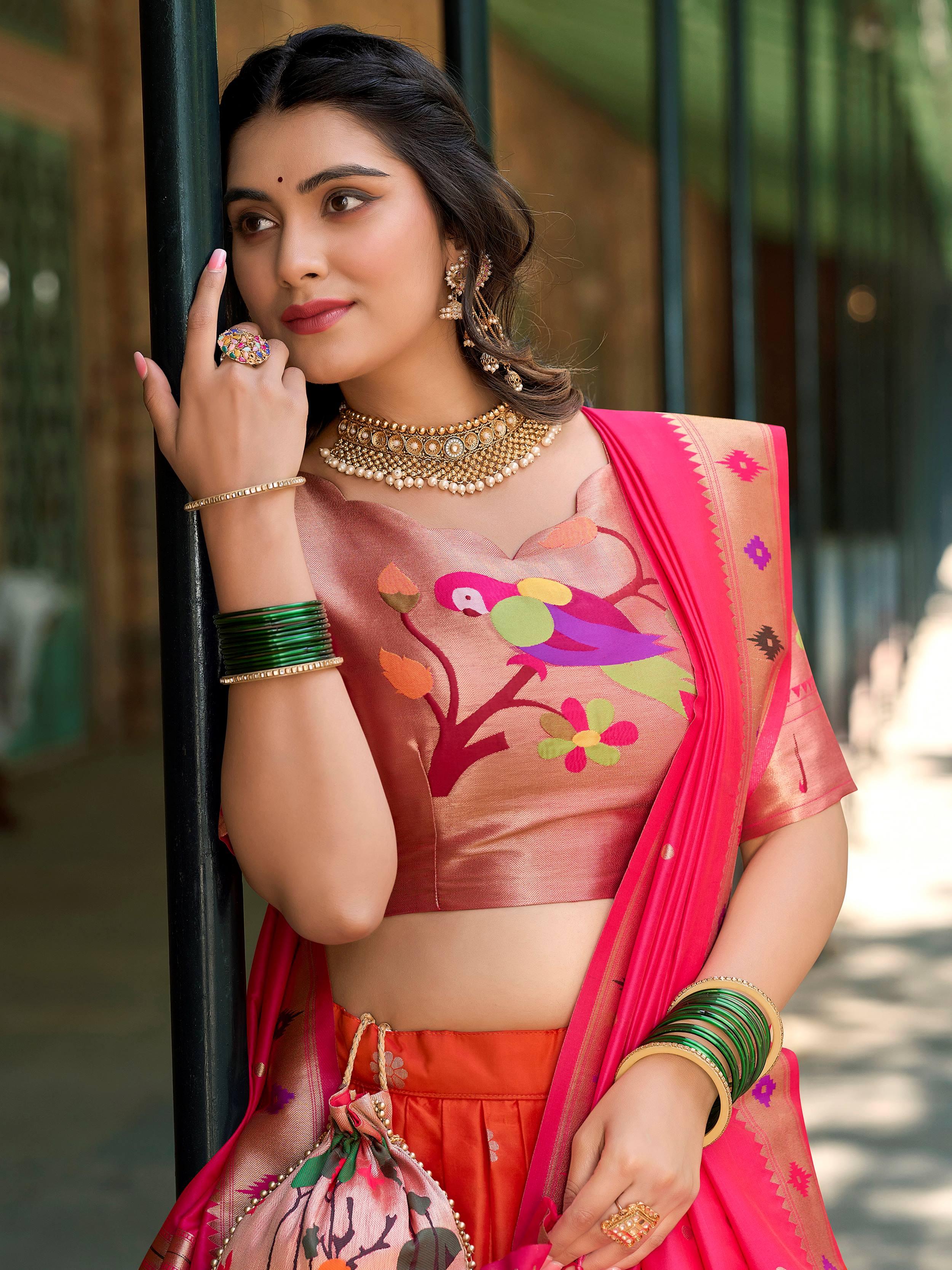Vibrant Orange Jacquard Silk Zari Weaving Lehenga Choli