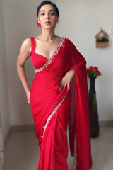 Vibrant Red Rangoli Silk Saree with Delicate Border Work