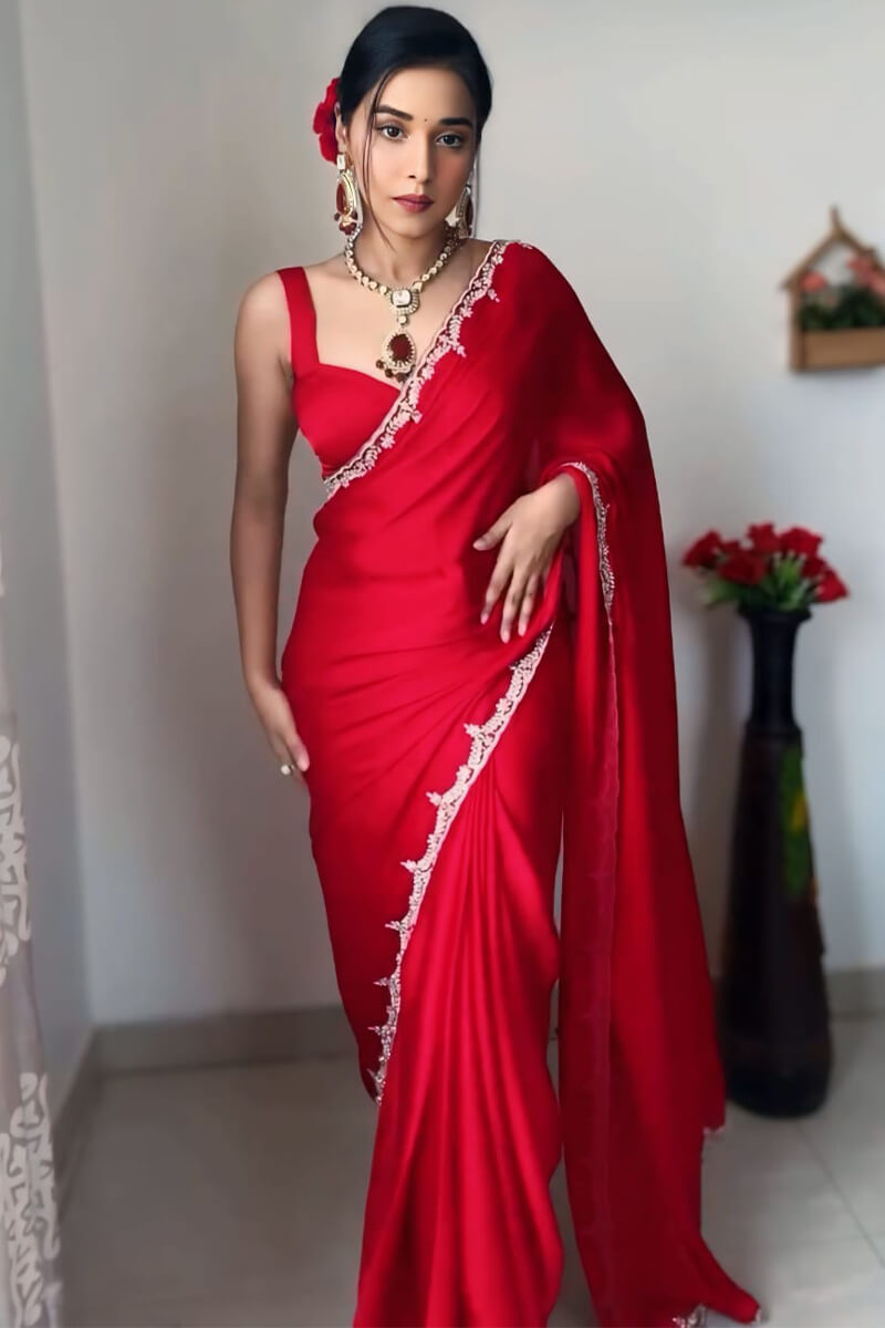 Vibrant Red Rangoli Silk Saree with Delicate Border Work
