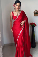 Vibrant Red Rangoli Silk Saree with Delicate Border Work