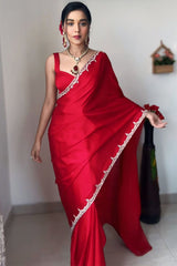 Vibrant Red Rangoli Silk Saree with Delicate Border Work