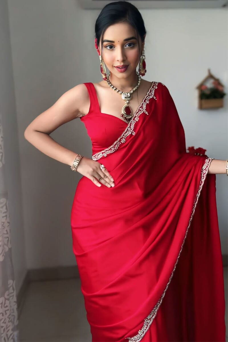 Vibrant Red Rangoli Silk Saree with Delicate Border Work
