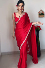 Vibrant Red Rangoli Silk Saree with Delicate Border Work