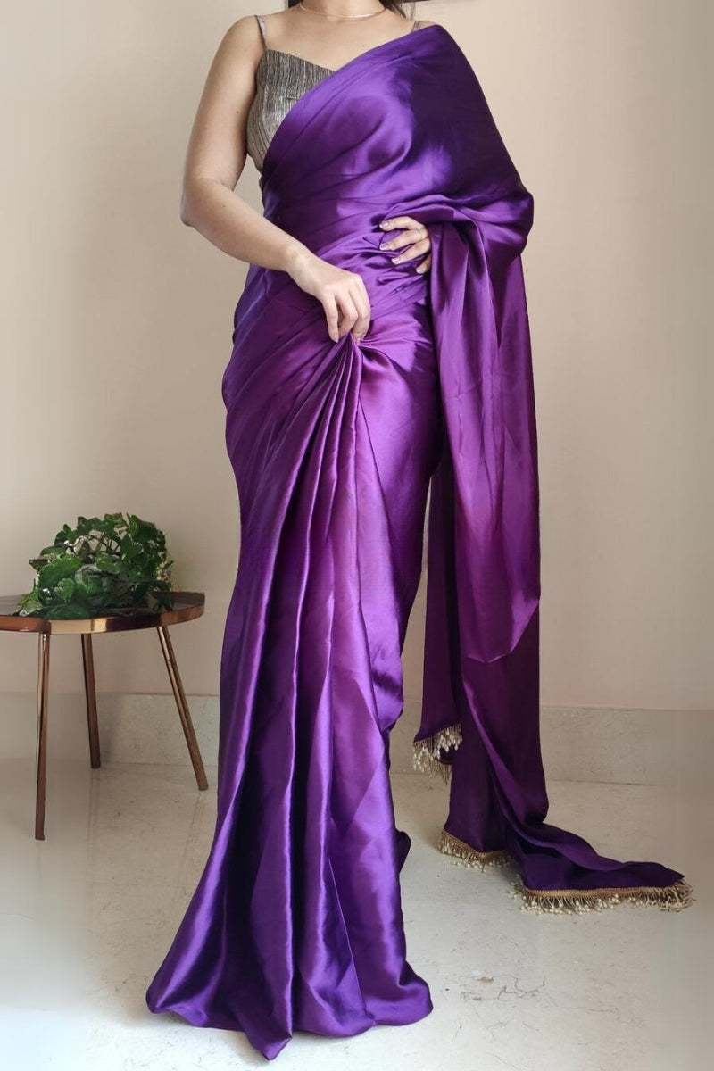 Violet Satin Silk Ready-To-Wear Saree with Grey Blouse