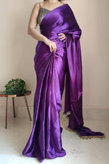 Violet Satin Silk Ready-To-Wear Saree with Grey Blouse