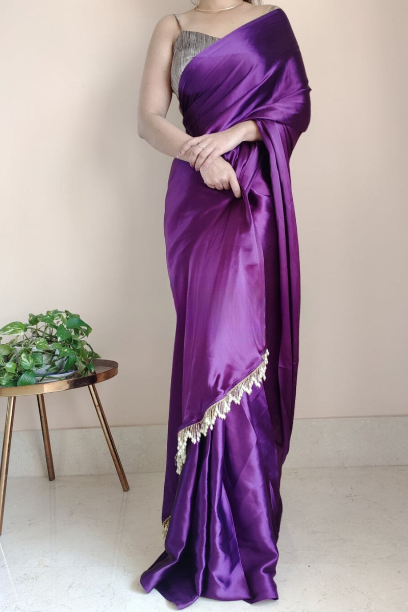 Violet Satin Silk Ready-To-Wear Saree with Grey Blouse