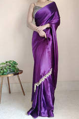Violet Satin Silk Ready-To-Wear Saree with Grey Blouse