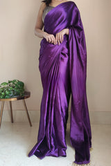 Violet Satin Silk Ready-To-Wear Saree with Grey Blouse