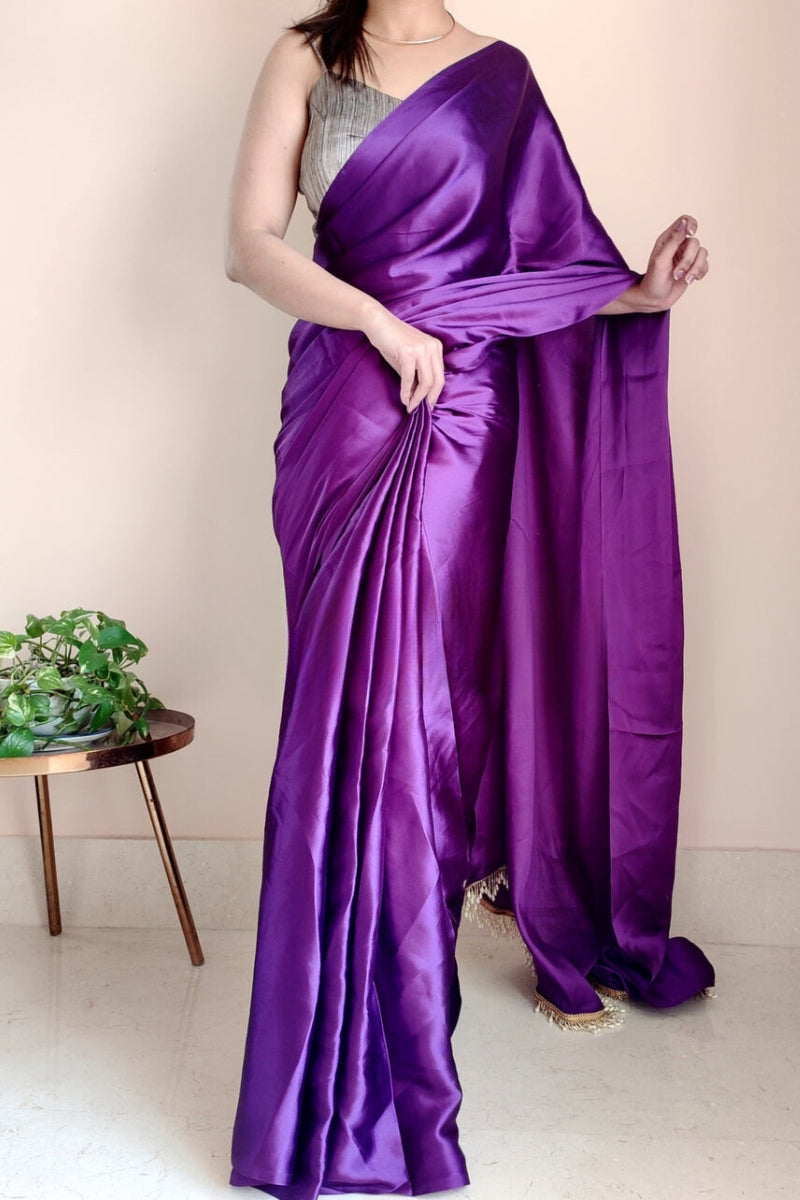 Violet Satin Silk Ready-To-Wear Saree with Grey Blouse
