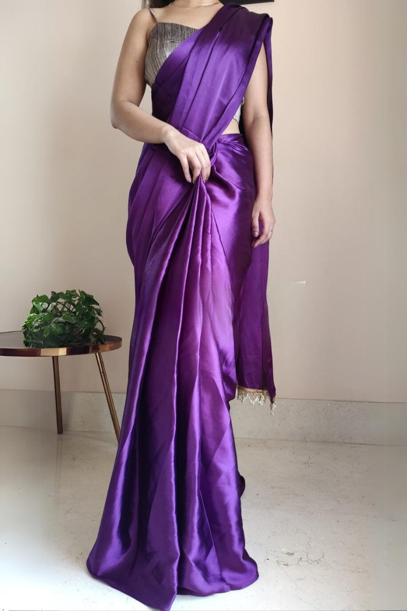 Violet Satin Silk Ready-To-Wear Saree with Grey Blouse