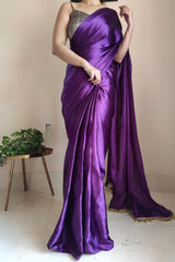 Violet Satin Silk Ready-To-Wear Saree with Grey Blouse