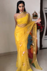 Vivacious Yellow Organza Silk Saree with Printed Detailing