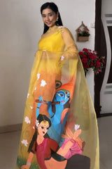 Vivacious Yellow Organza Silk Saree with Printed Detailing