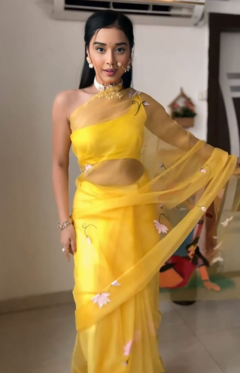 Vivacious Yellow Organza Silk Saree with Printed Detailing